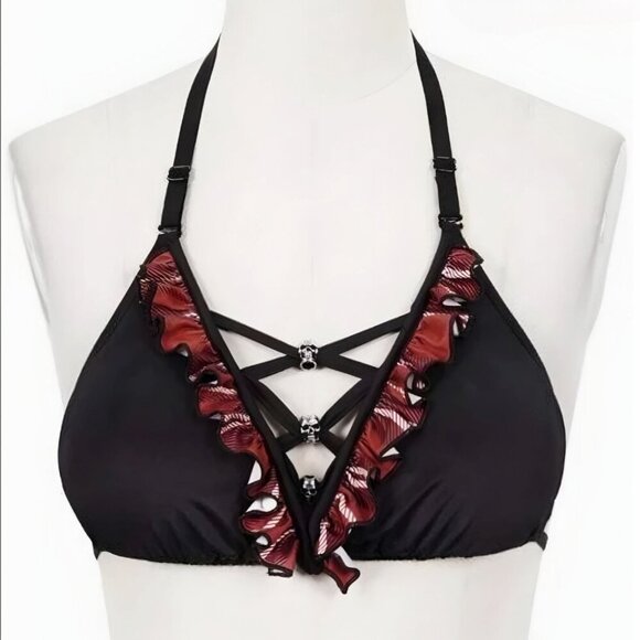 Devil’s Fashion Plaid Crisscross Bikini ✦ XL-2XL Skull Charms ✦ Ruffle Trim Set - Picture 8 of 12